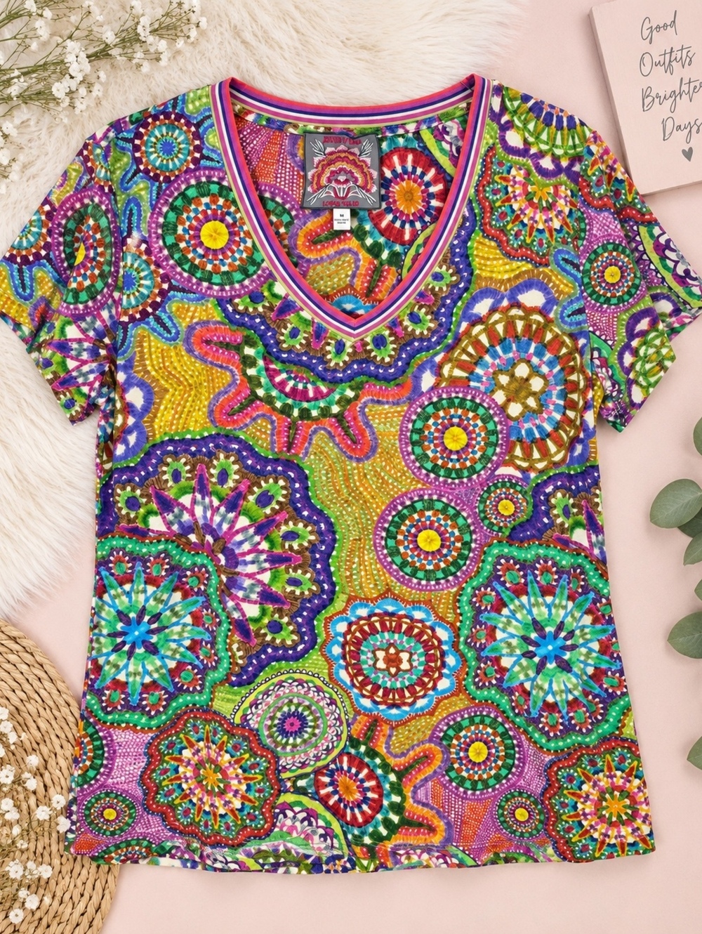 Johnny Was V-Neck Multicolor Patterned T-Shirt Medium Colorful Boho
